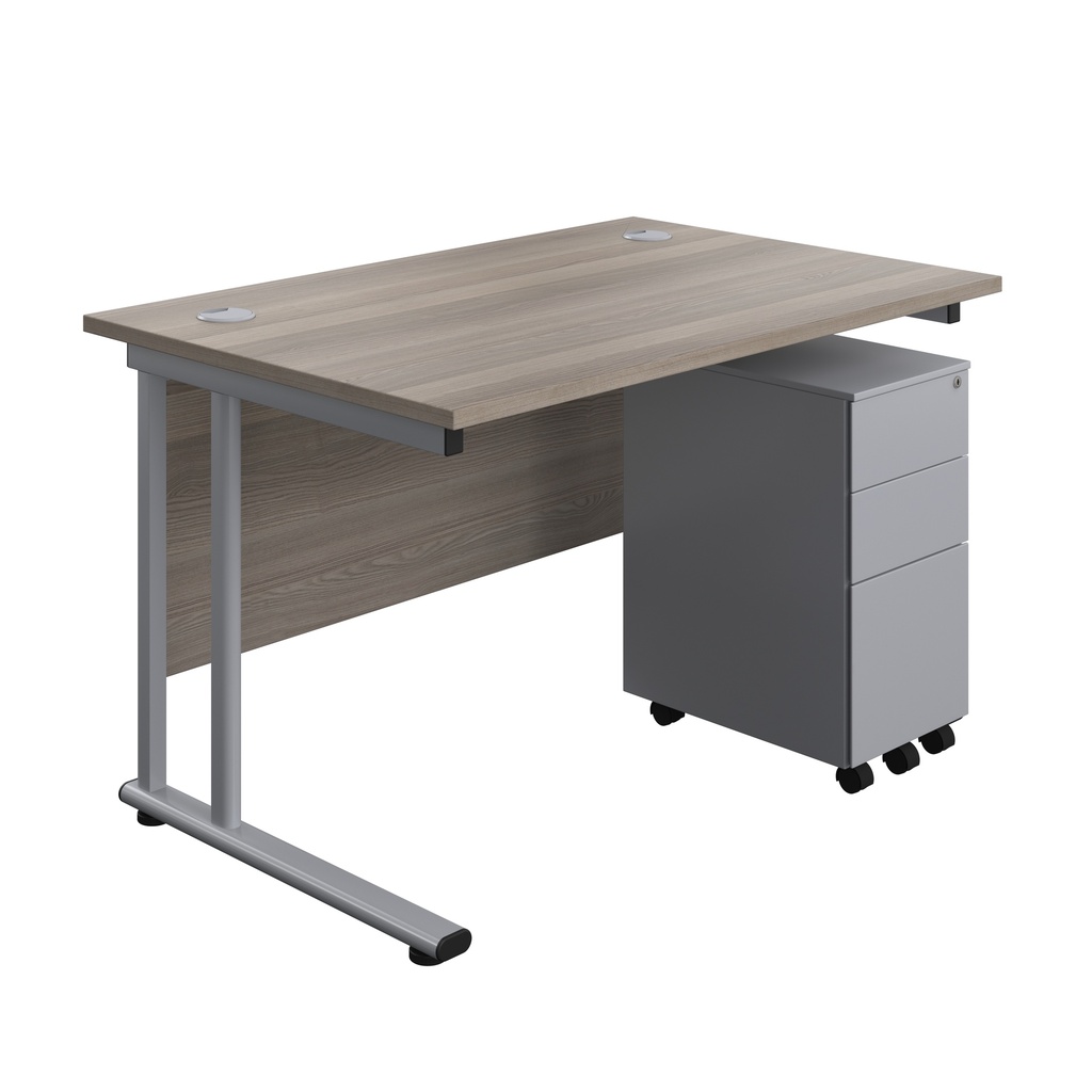 Twin Upright Rectangular Desk + Slimline Steel Pedestal 3 Drawers (FSC) | 1200X800 | Grey Oak/Silver | 