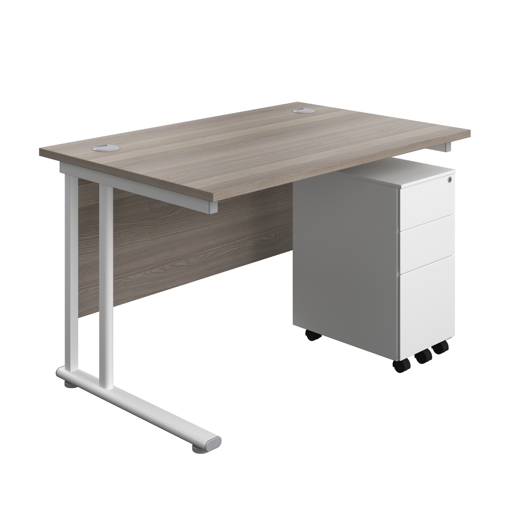 Twin Upright Rectangular Desk + Slimline Steel Pedestal 3 Drawers (FSC) | 1200X800 | Grey Oak/White | 