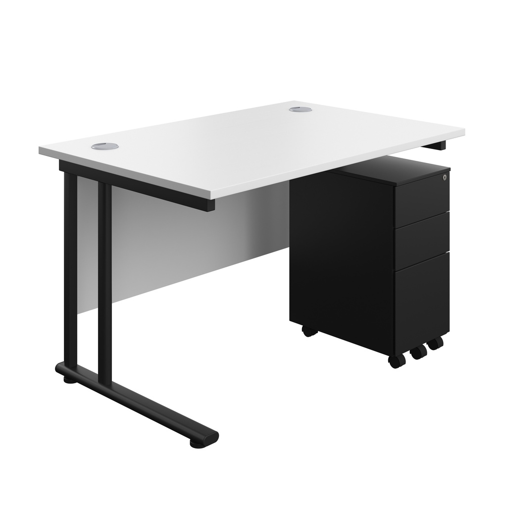 Twin Upright Rectangular Desk + Slimline Steel Pedestal 3 Drawers (FSC) | 1200X800 | White/Black | 