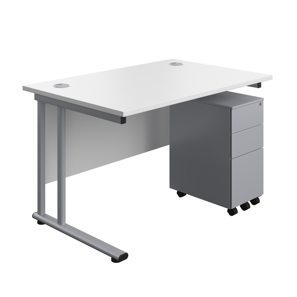 Twin Upright Rectangular Desk + Slimline Steel Pedestal 3 Drawers (FSC) | 1200X800 | White/Silver | 