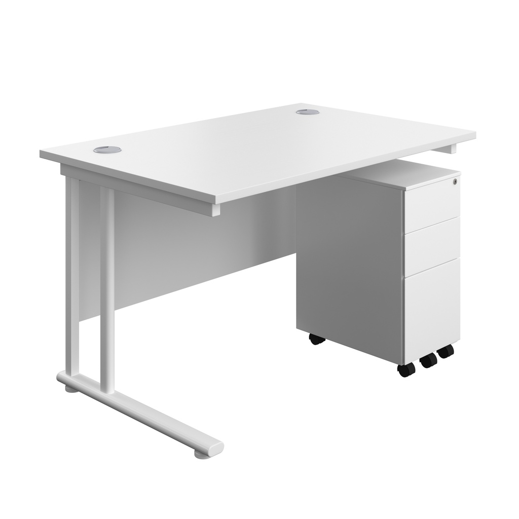 Twin Upright Rectangular Desk + Slimline Steel Pedestal 3 Drawers (FSC) | 1200X800 | White/White | 