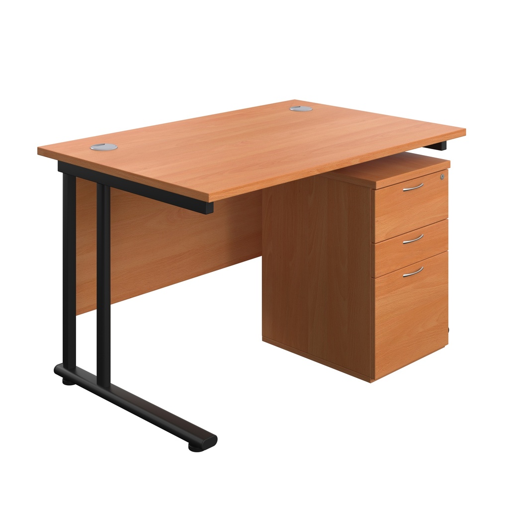 Twin Upright Rectangular Desk + High Mobile Pedestal 3 Drawer (FSC) | 1200X800 | Beech/Black | 