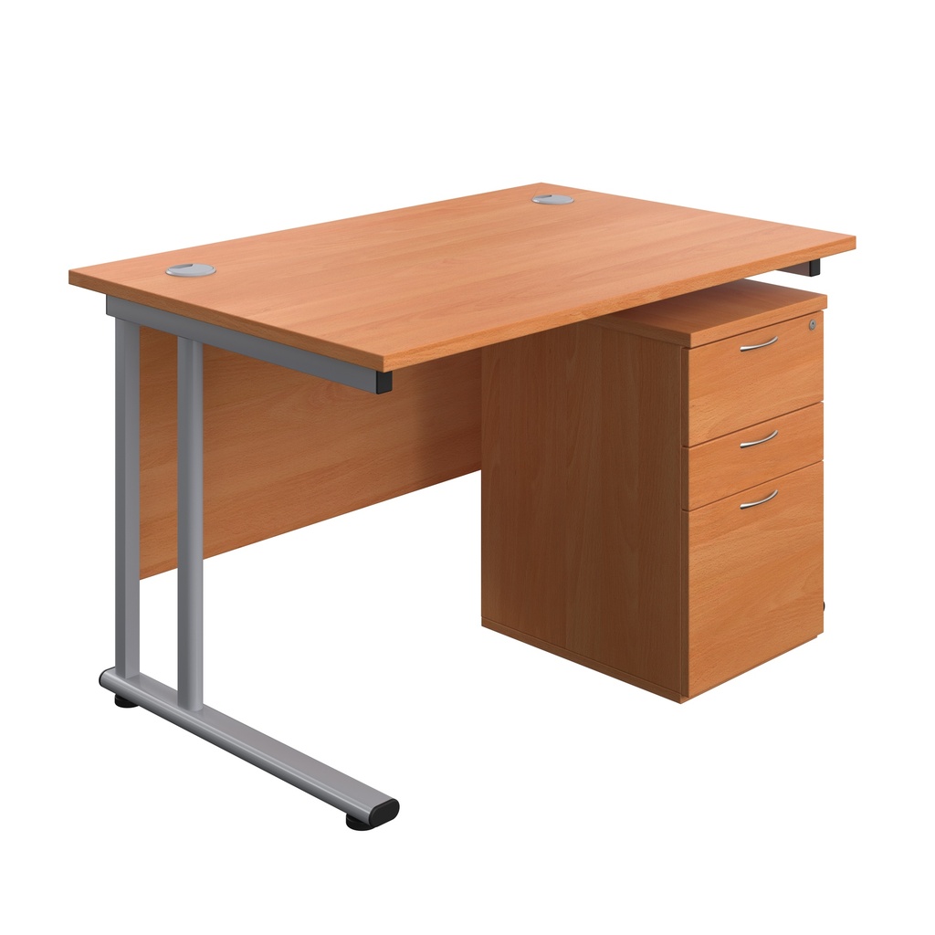 Twin Upright Rectangular Desk + High Mobile Pedestal 3 Drawer (FSC) | 1200X800 | Beech/Silver | 