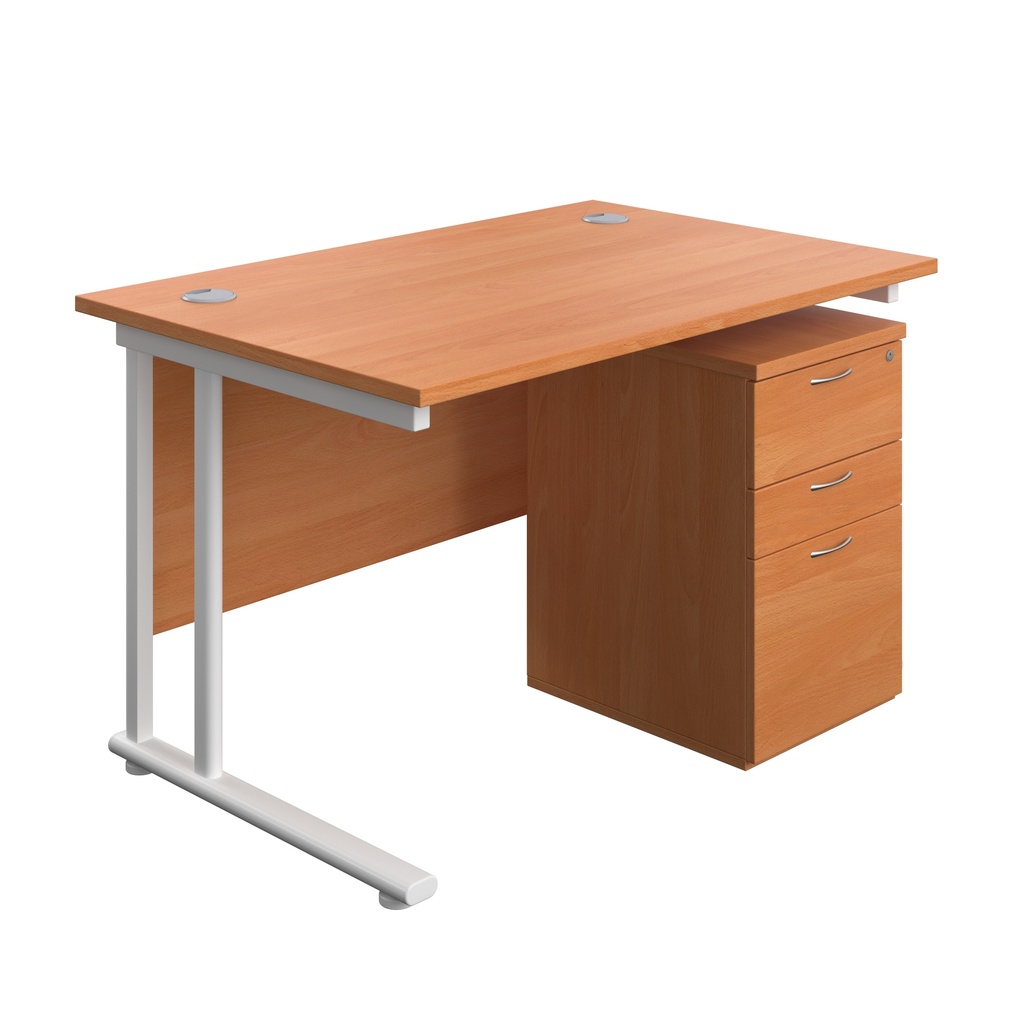 Twin Upright Rectangular Desk + High Mobile Pedestal 3 Drawer (FSC) | 1200X800 | Beech/White | 