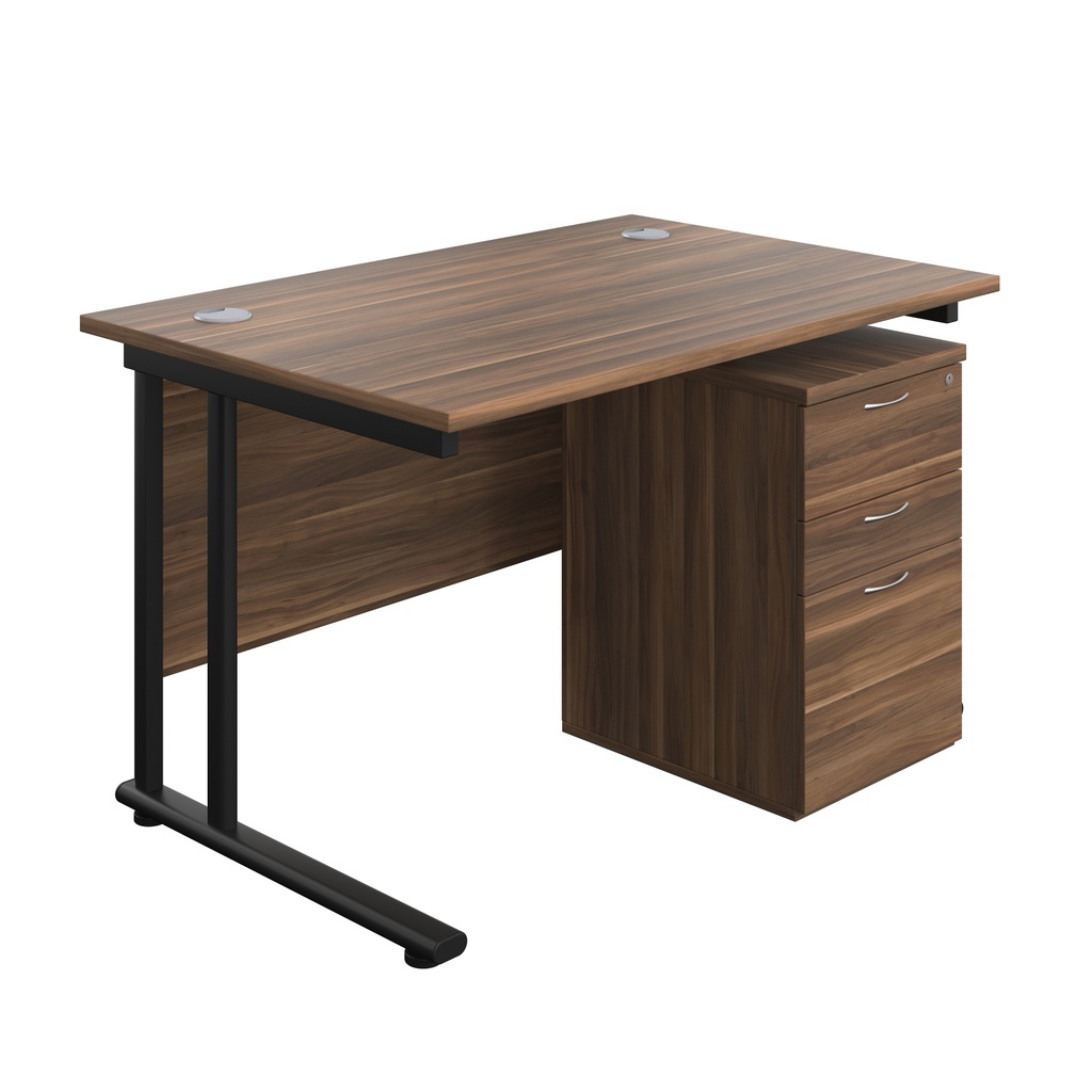 Twin Upright Rectangular Desk + High Mobile Pedestal 3 Drawer (FSC) | 1200X800 | Dark Walnut/Black | 