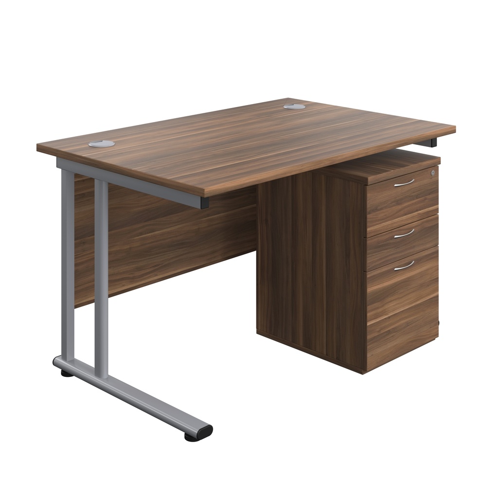 Twin Upright Rectangular Desk + High Mobile Pedestal 3 Drawer (FSC) | 1200X800 | Dark Walnut/Silver | 
