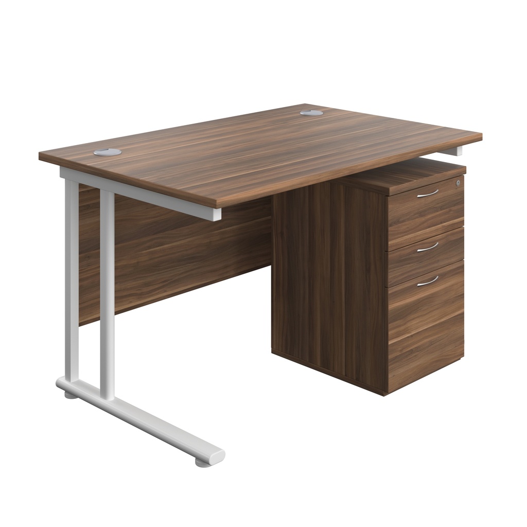Twin Upright Rectangular Desk + High Mobile Pedestal 3 Drawer (FSC) | 1200X800 | Dark Walnut/White | 