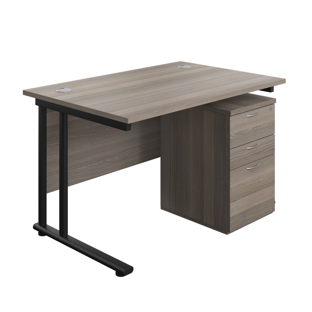 Twin Upright Rectangular Desk + High Mobile Pedestal 3 Drawer (FSC) | 1200X800 | Grey Oak/Black | 