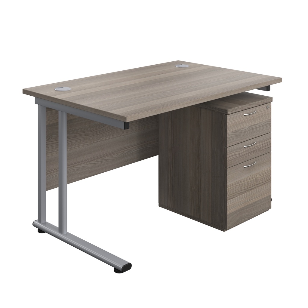Twin Upright Rectangular Desk + High Mobile Pedestal 3 Drawer (FSC) | 1200X800 | Grey Oak/Silver | 