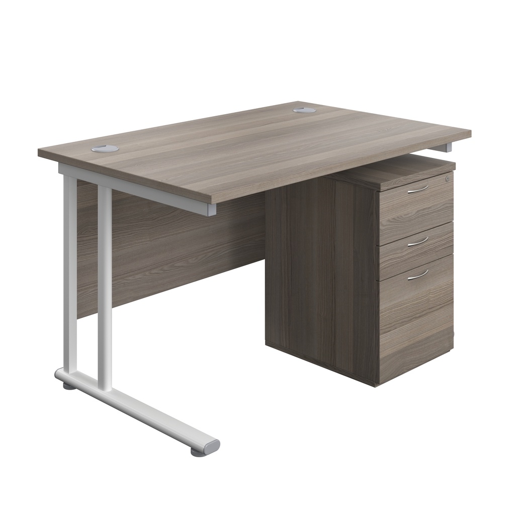 Twin Upright Rectangular Desk + High Mobile Pedestal 3 Drawer (FSC) | 1200X800 | Grey Oak/White | 