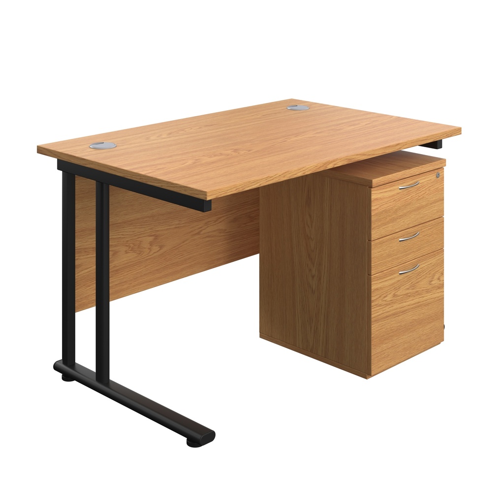 Twin Upright Rectangular Desk + High Mobile Pedestal 3 Drawer (FSC) | 1200X800 | Nova Oak/Black | 