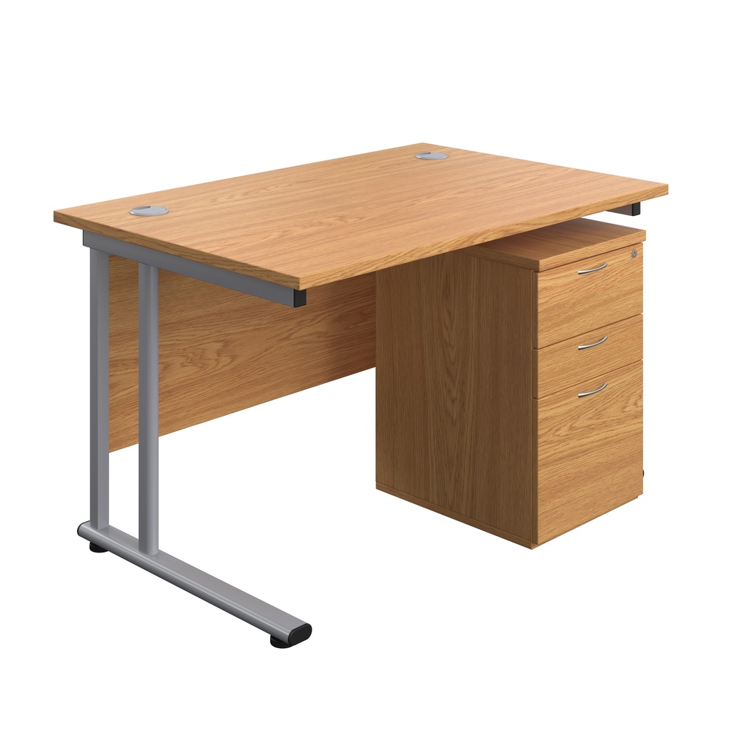 Twin Upright Rectangular Desk + High Mobile Pedestal 3 Drawer (FSC) | 1200X800 | Nova Oak/Silver | 