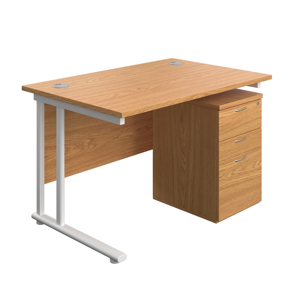 Twin Upright Rectangular Desk + High Mobile Pedestal 3 Drawer (FSC) | 1200X800 | Nova Oak/White | 