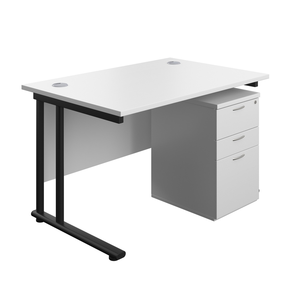 Twin Upright Rectangular Desk + High Mobile Pedestal 3 Drawer (FSC) | 1200X800 | White/Black | 
