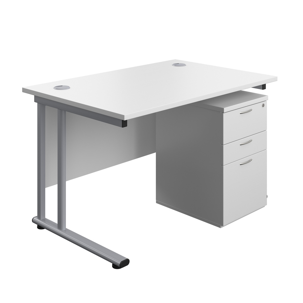 Twin Upright Rectangular Desk + High Mobile Pedestal 3 Drawer (FSC) | 1200X800 | White/Silver | 