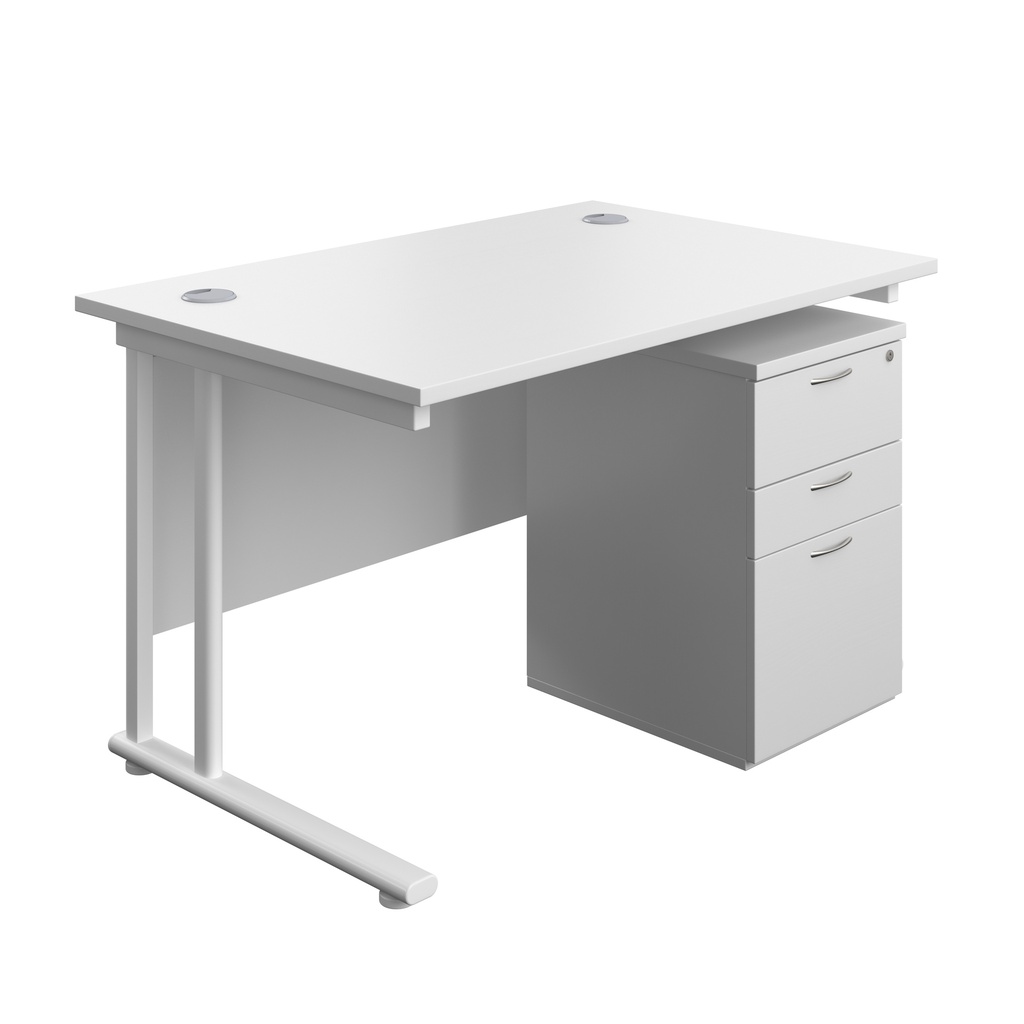 Twin Upright Rectangular Desk + High Mobile Pedestal 3 Drawer (FSC) | 1200X800 | White/White | 
