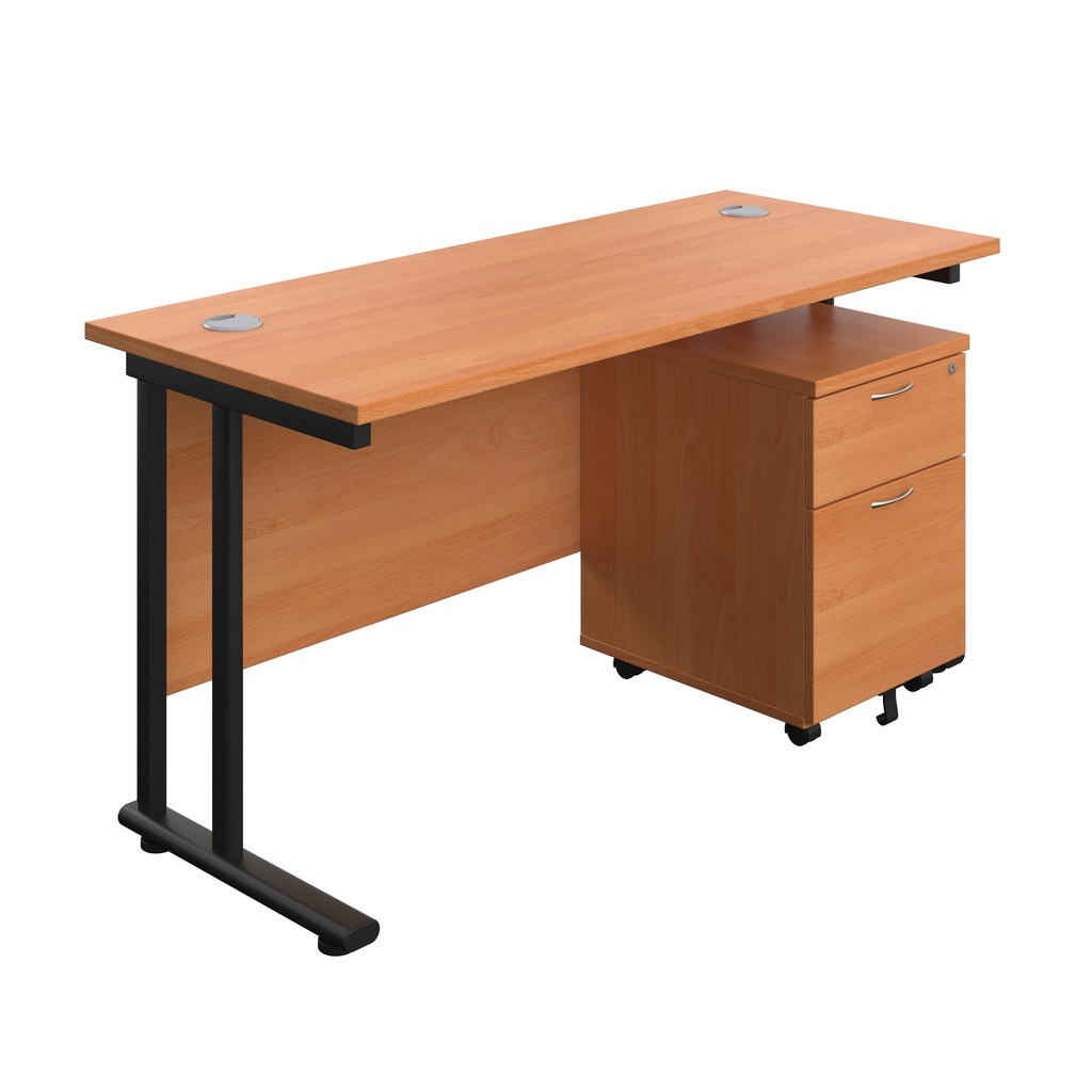 Twin Upright Rectangular Desk + Mobile 2 Drawer Pedestal (FSC) | 1400X600 | Beech/Black | 