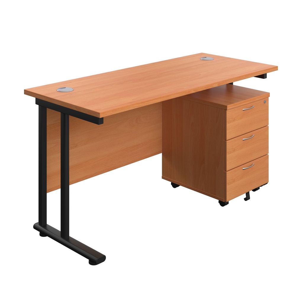 Twin Upright Rectangular Desk + Mobile 3 Drawer Pedestal (FSC) | 1400X600 | Beech/Black | 