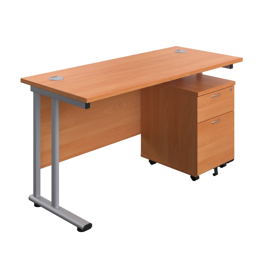 Twin Upright Rectangular Desk + Mobile 2 Drawer Pedestal (FSC) | 1400X600 | Beech/Silver | 