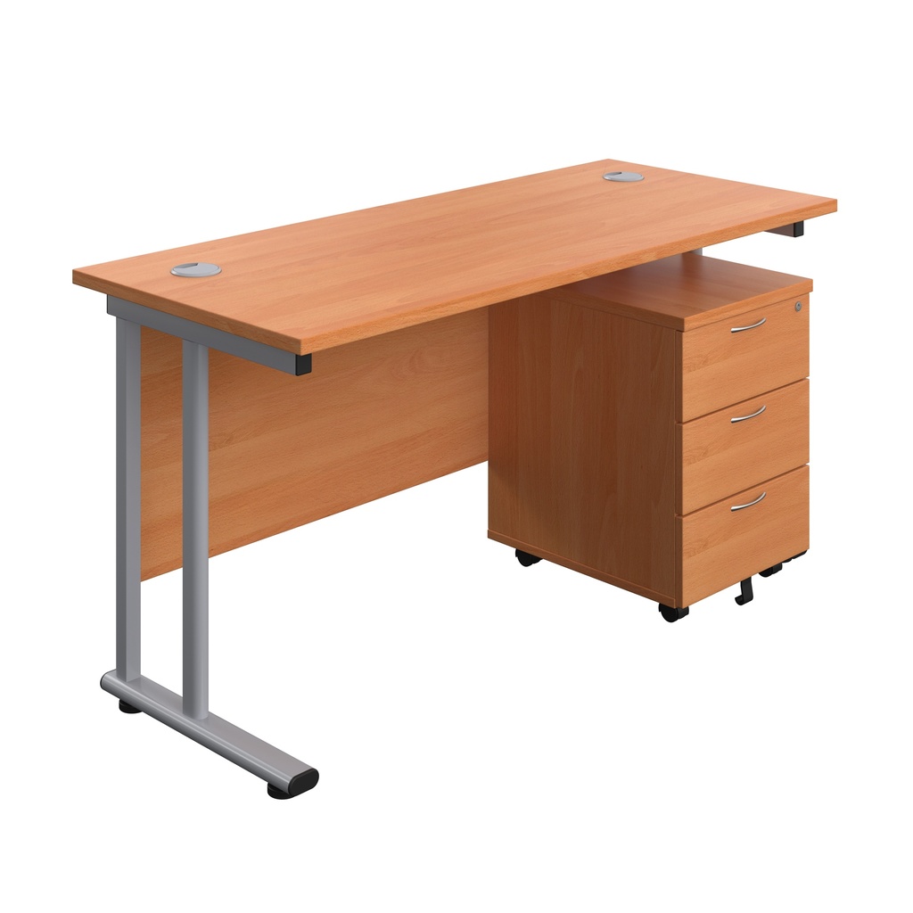 Twin Upright Rectangular Desk + Mobile 3 Drawer Pedestal (FSC) | 1400X600 | Beech/Silver | 