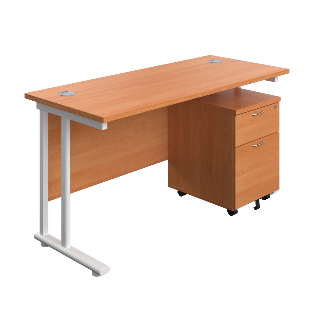 Twin Upright Rectangular Desk + Mobile 2 Drawer Pedestal (FSC) | 1400X600 | Beech/White | 