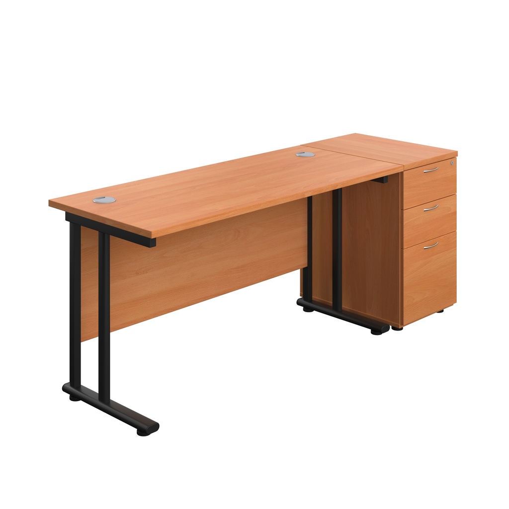 Twin Upright Rectangular Desk + Desk High 3 Drawer Pedestal (FSC) | 1400X600 | Beech/Black | 