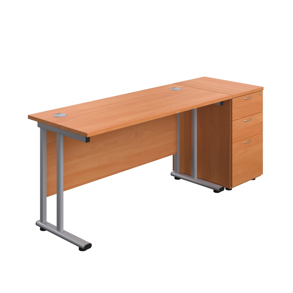 Twin Upright Rectangular Desk + Desk High 3 Drawer Pedestal (FSC) | 1400X600 | Beech/Silver | 
