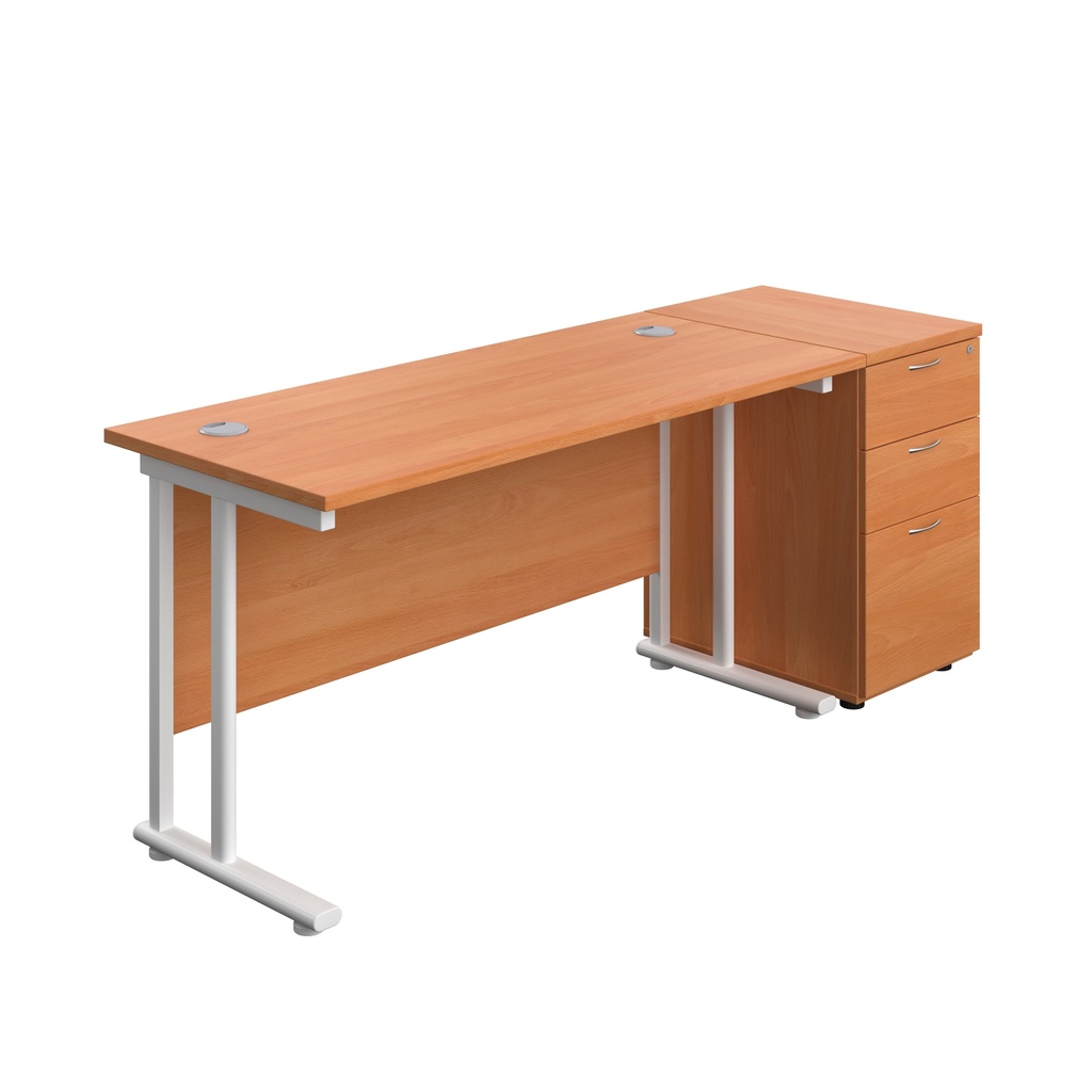 Twin Upright Rectangular Desk + Desk High 3 Drawer Pedestal (FSC) | 1400X600 | Beech/White | 