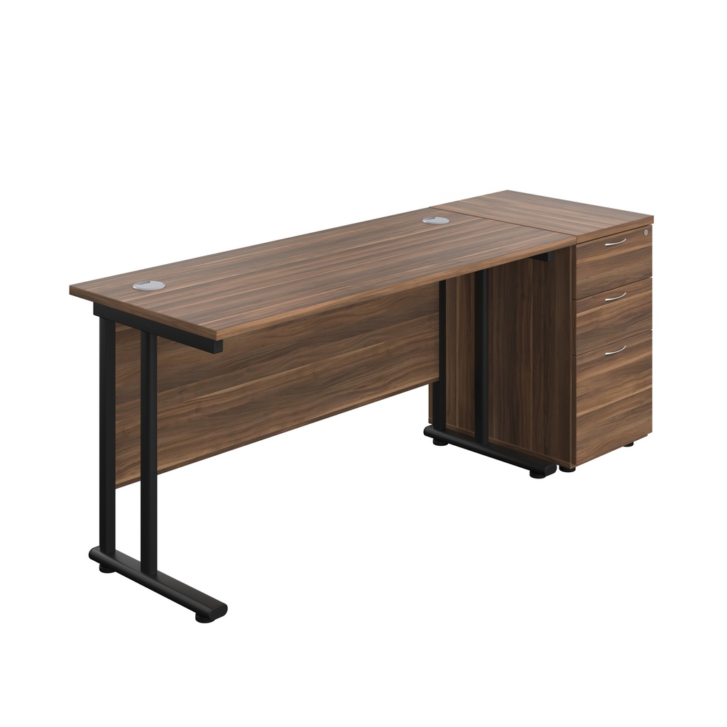 Twin Upright Rectangular Desk + Desk High 3 Drawer Pedestal (FSC) | 1400X600 | Dark Walnut/Black | 