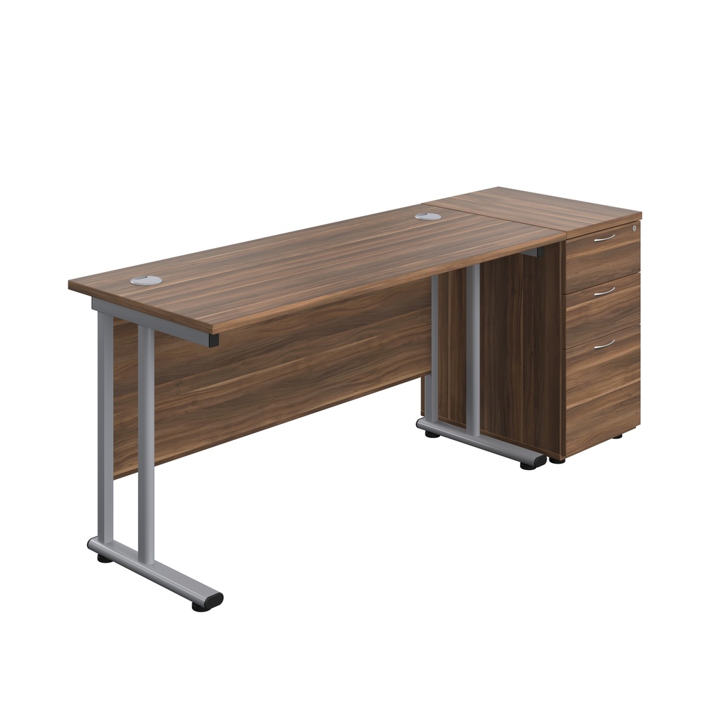 Twin Upright Rectangular Desk + Desk High 3 Drawer Pedestal (FSC) | 1400X600 | Dark Walnut/Silver | 