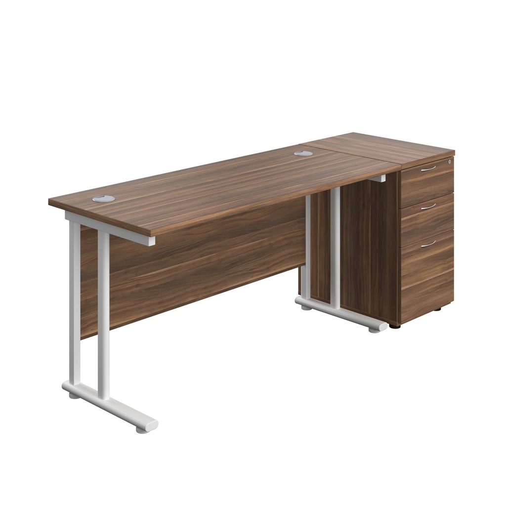 Twin Upright Rectangular Desk + Desk High 3 Drawer Pedestal (FSC) | 1400X600 | Dark Walnut/White | 