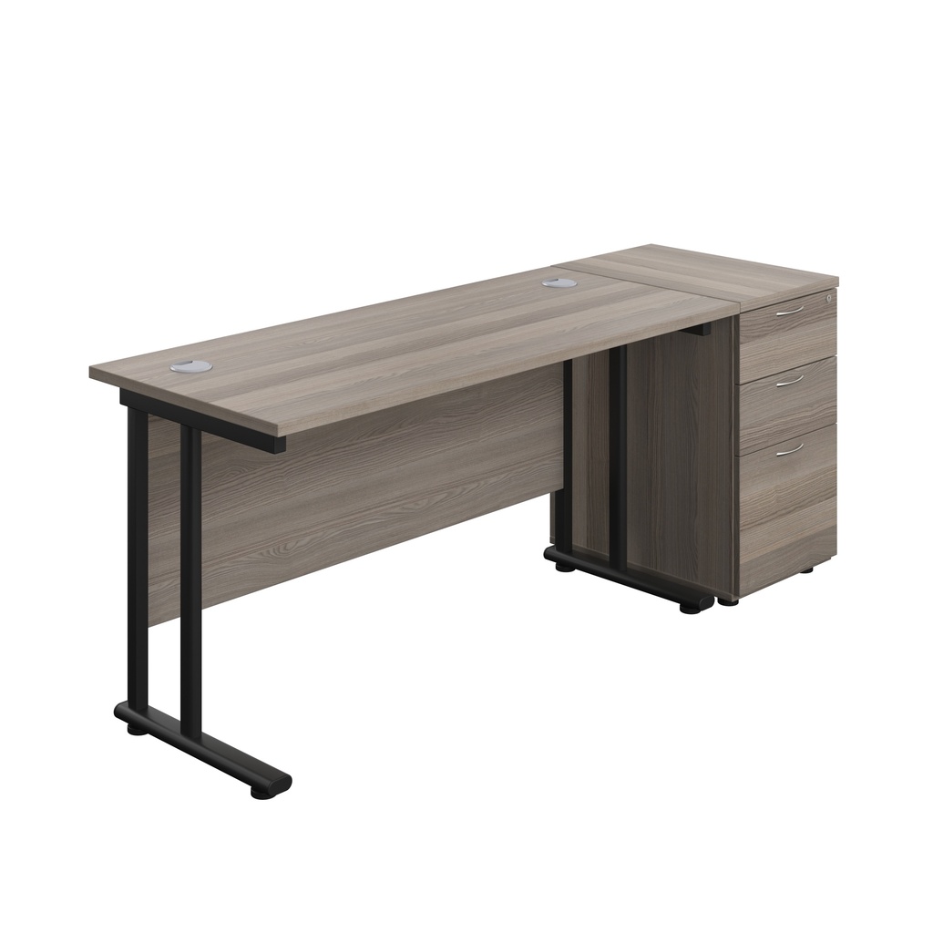 Twin Upright Rectangular Desk + Desk High 3 Drawer Pedestal (FSC) | 1400X600 | Grey Oak/Black | 