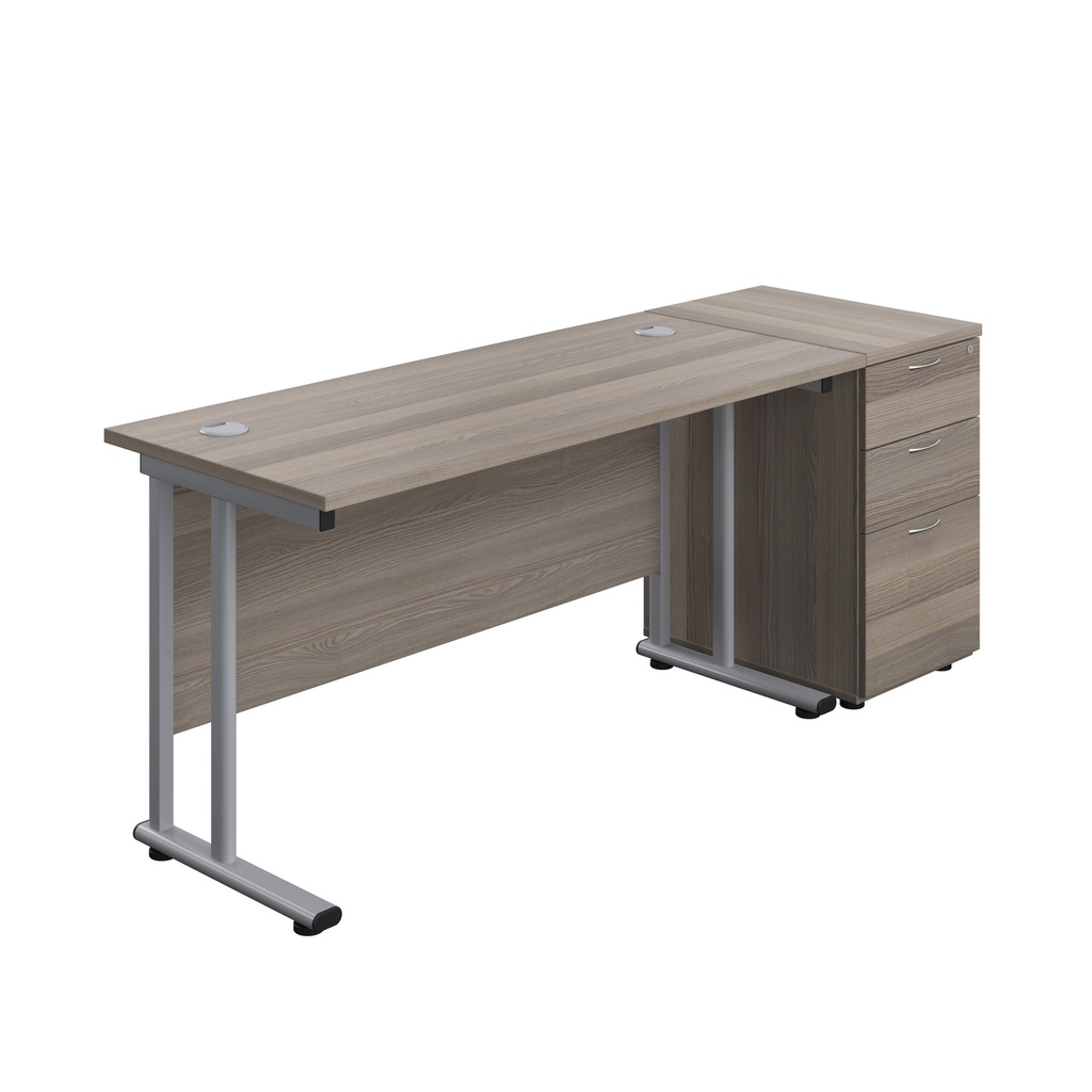 Twin Upright Rectangular Desk + Desk High 3 Drawer Pedestal (FSC) | 1400X600 | Grey Oak/White | 