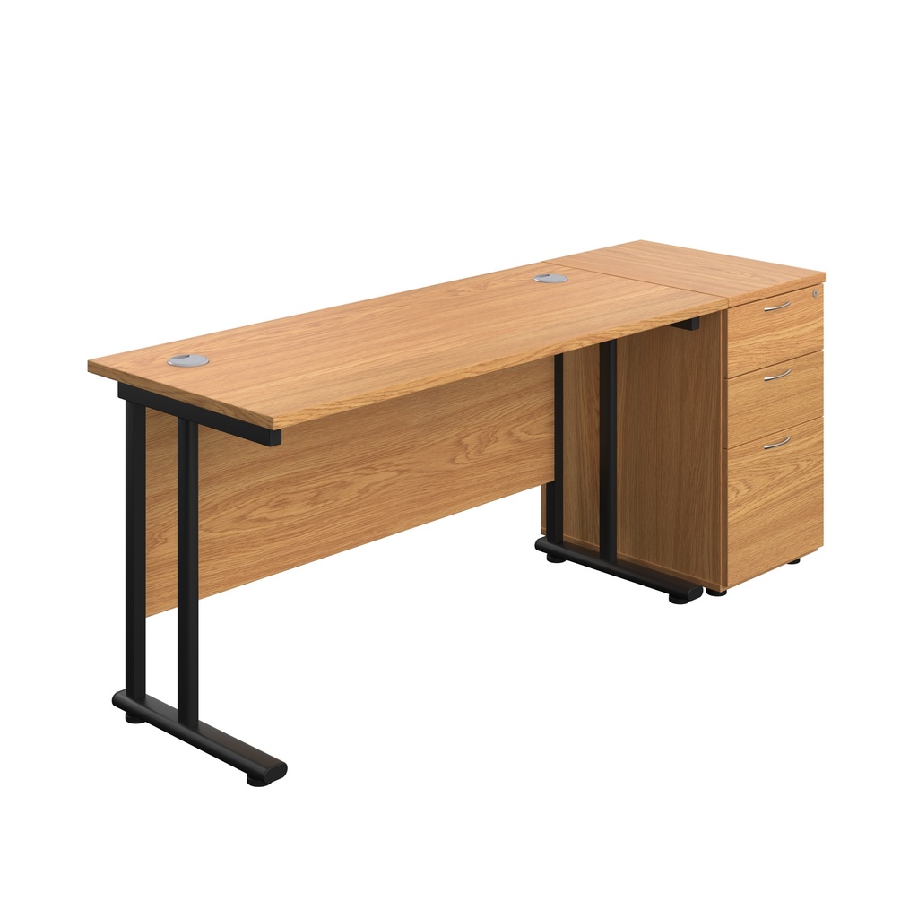 Twin Upright Rectangular Desk + Desk High 3 Drawer Pedestal (FSC) | 1400X600 | Nova Oak/Black | 