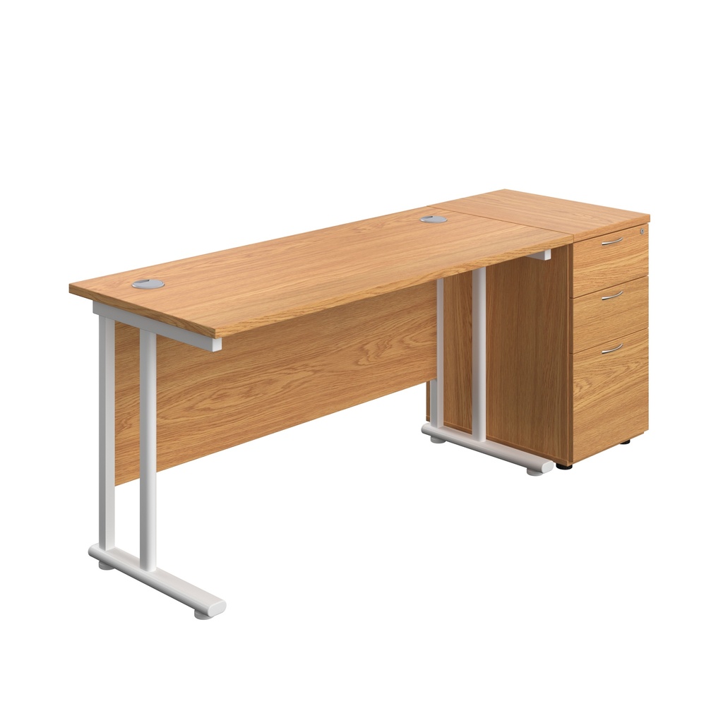 Twin Upright Rectangular Desk + Desk High 3 Drawer Pedestal (FSC) | 1400X600 | Nova Oak/White | 