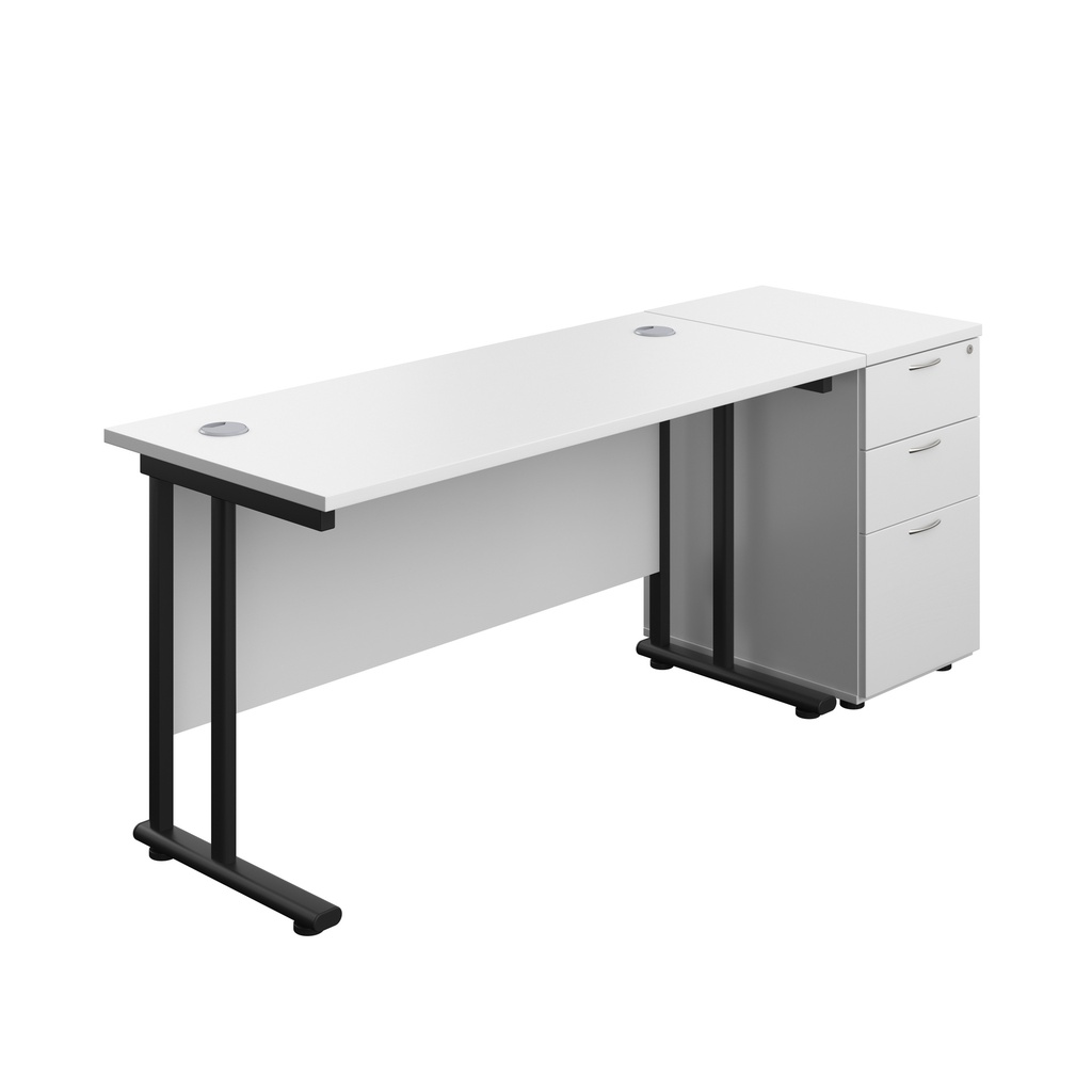 Twin Upright Rectangular Desk + Desk High 3 Drawer Pedestal (FSC) | 1400X600 | White/Black | 