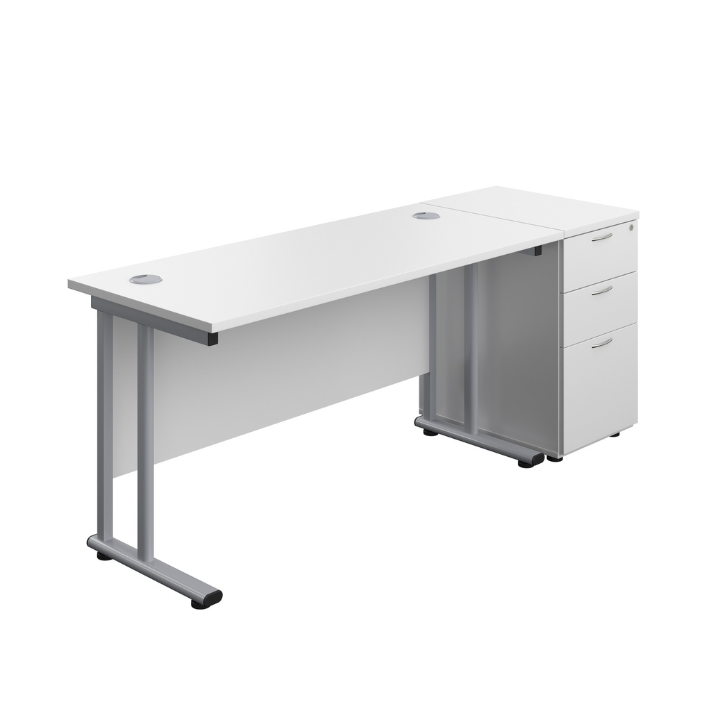 Twin Upright Rectangular Desk + Desk High 3 Drawer Pedestal (FSC) | 1400X600 | White/Silver | 