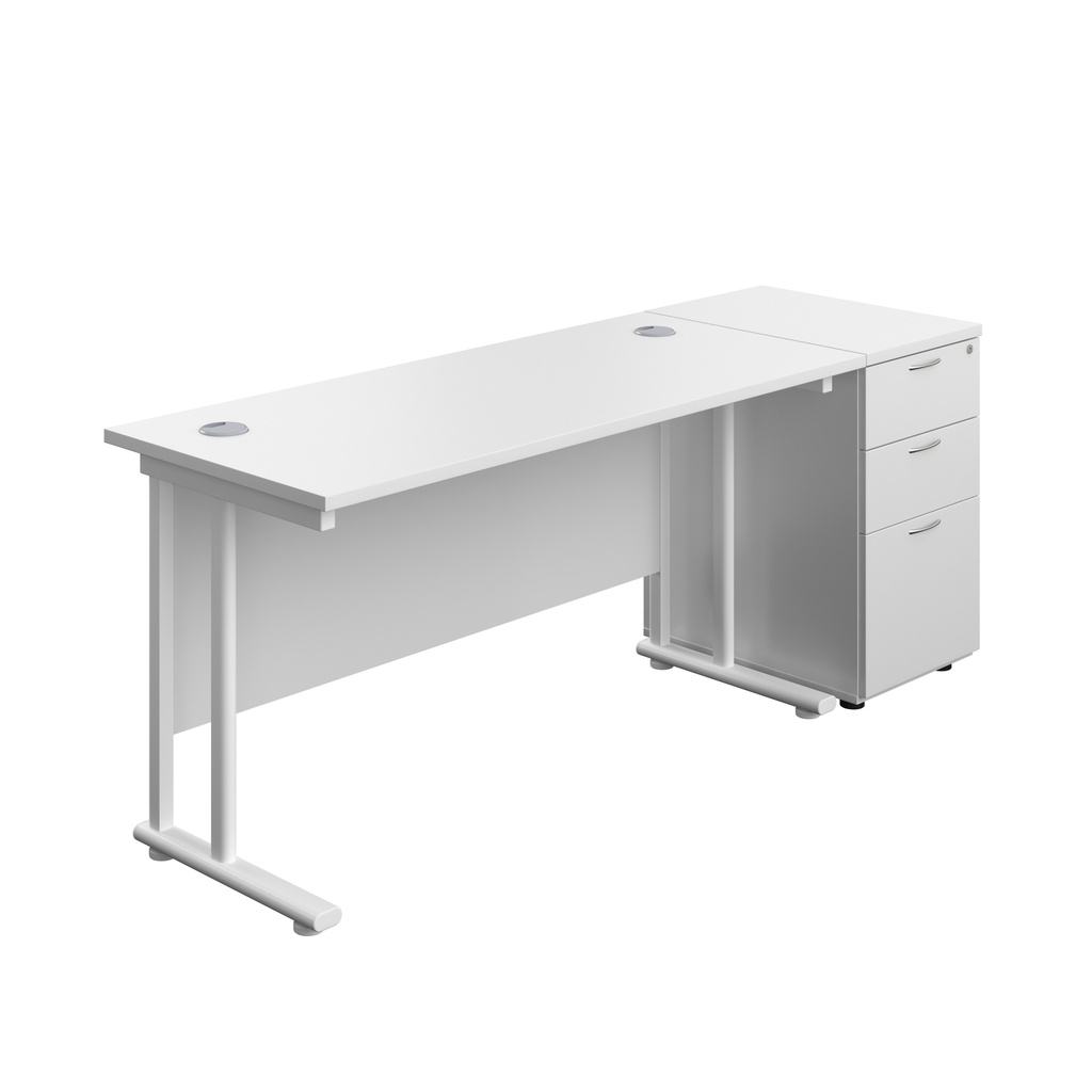 Twin Upright Rectangular Desk + Desk High 3 Drawer Pedestal (FSC) | 1400X600 | White/White | 