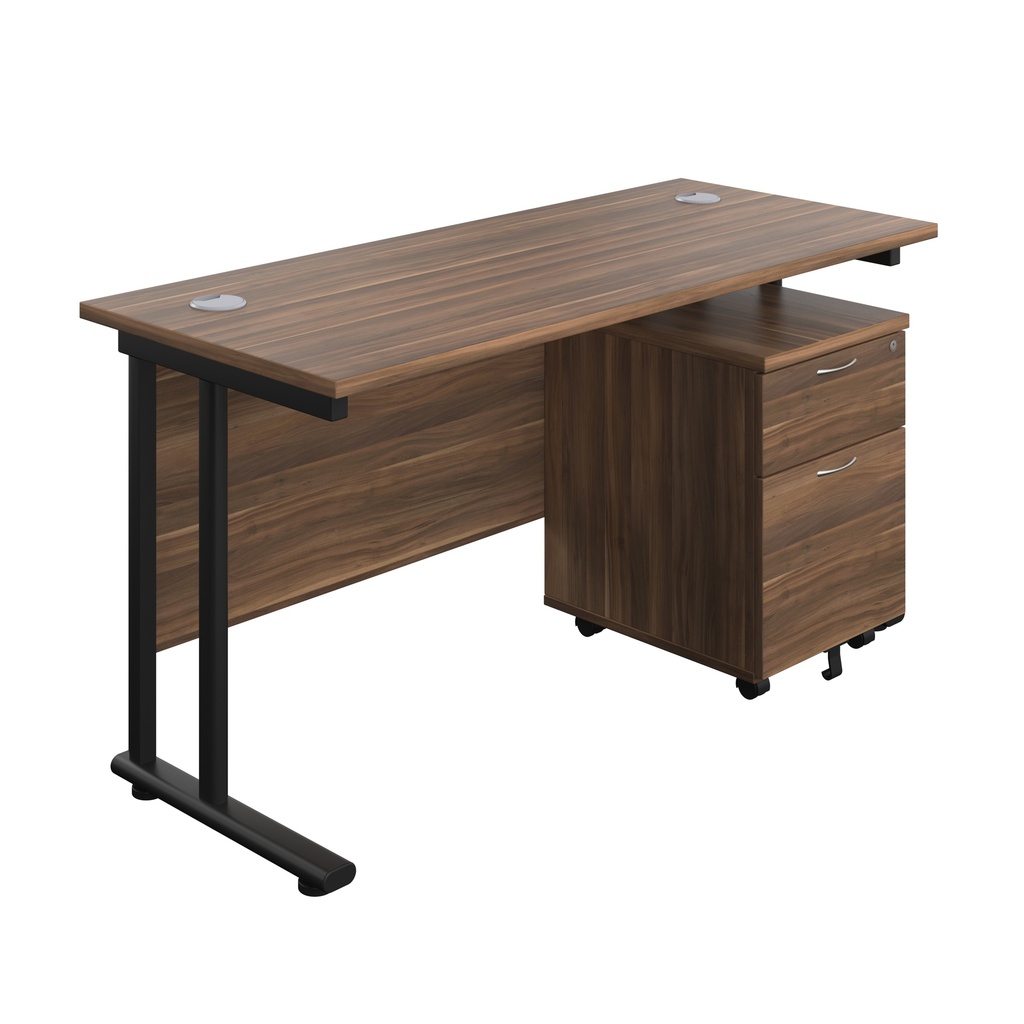 Twin Upright Rectangular Desk + Mobile 2 Drawer Pedestal (FSC) | 1400X600 | Dark Walnut/Black | 