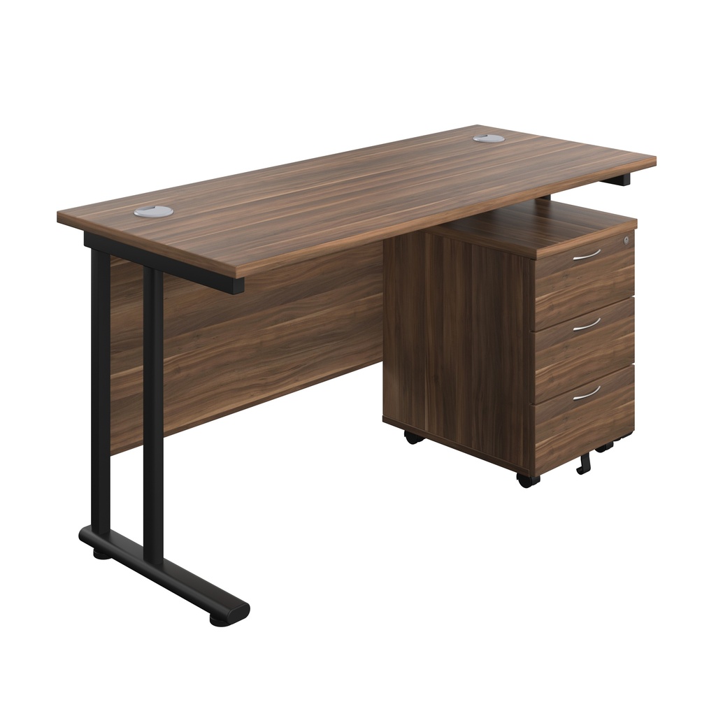 Twin Upright Rectangular Desk + Mobile 3 Drawer Pedestal (FSC) | 1400X600 | Dark Walnut/Black | 