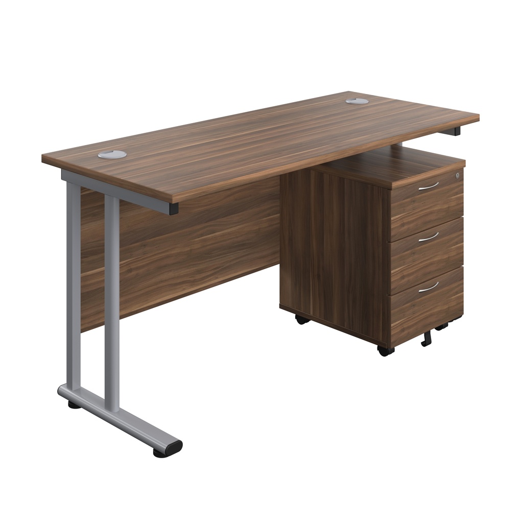 Twin Upright Rectangular Desk + Mobile 3 Drawer Pedestal (FSC) | 1400X600 | Dark Walnut/Silver | 