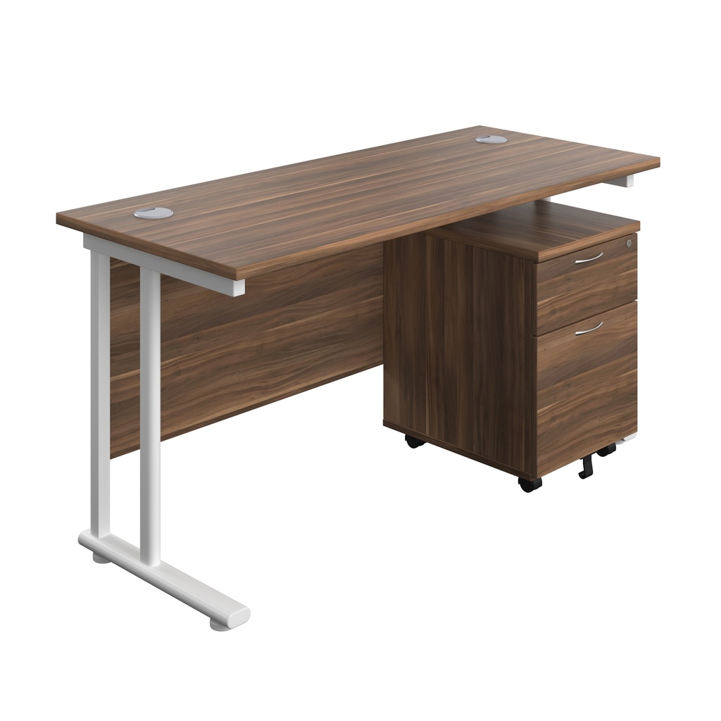 Twin Upright Rectangular Desk + Mobile 2 Drawer Pedestal (FSC) | 1400X600 | Dark Walnut/White | 