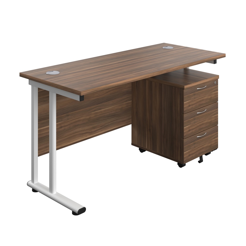 Twin Upright Rectangular Desk + Mobile 3 Drawer Pedestal (FSC) | 1400X600 | Dark Walnut/White | 