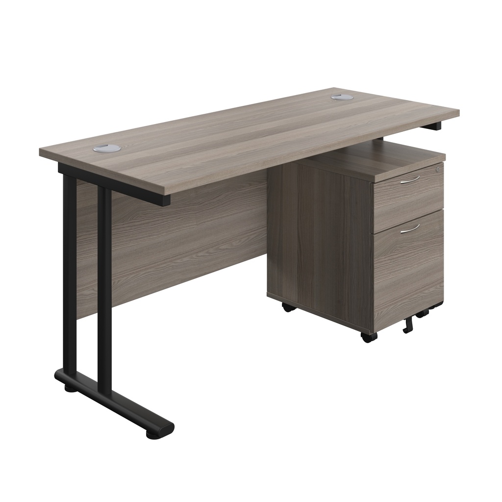 Twin Upright Rectangular Desk + Mobile 2 Drawer Pedestal (FSC) | 1400X600 | Grey Oak/Black | 
