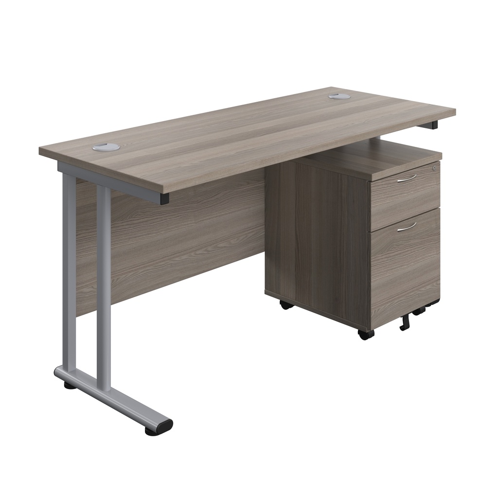 Twin Upright Rectangular Desk + Mobile 2 Drawer Pedestal (FSC) | 1400X600 | Grey Oak/Silver | 