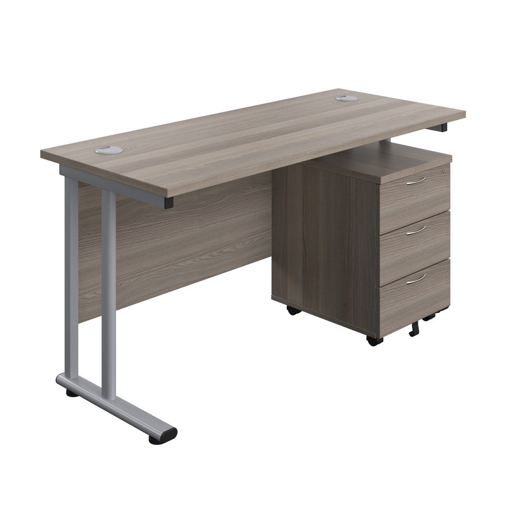 Twin Upright Rectangular Desk + Mobile 3 Drawer Pedestal (FSC) | 1400X600 | Grey Oak/Silver | 
