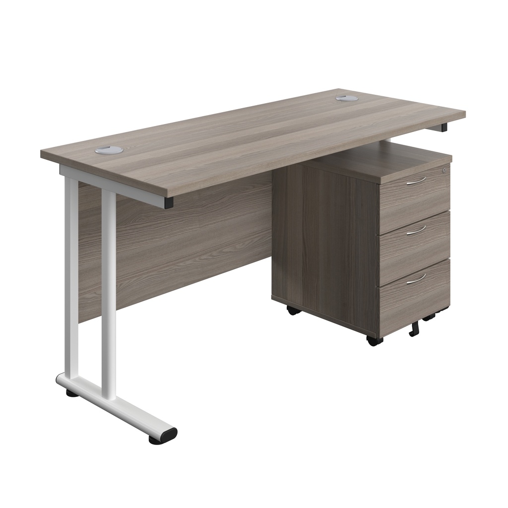 Twin Upright Rectangular Desk + Mobile 3 Drawer Pedestal (FSC) | 1400X600 | Grey Oak/White | 