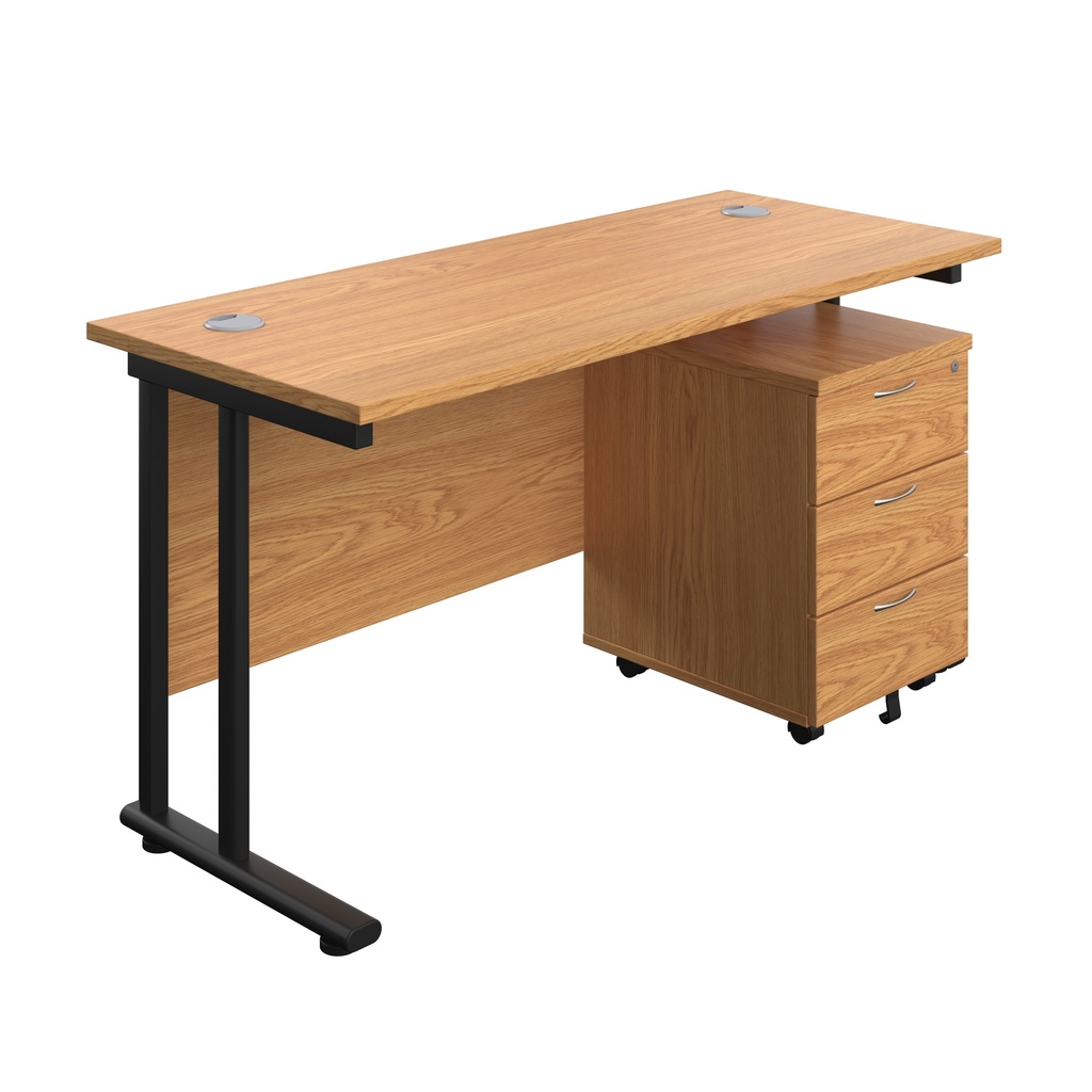 Twin Upright Rectangular Desk + Mobile 3 Drawer Pedestal (FSC) | 1400X600 | Nova Oak/Black | 