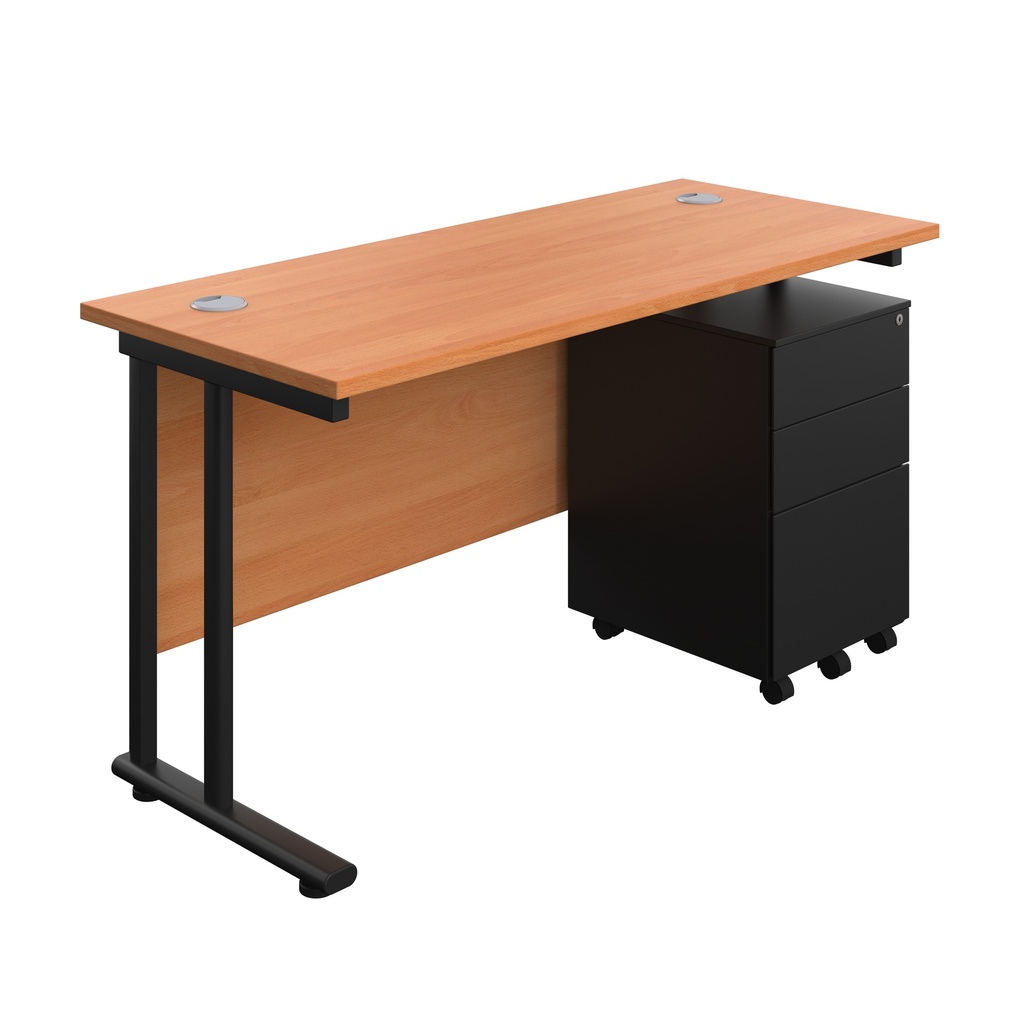 Twin Upright Rectangular Desk + Under Desk Steel Pedestal 3 Drawers (FSC) | 1400X600 | Beech/Black | 