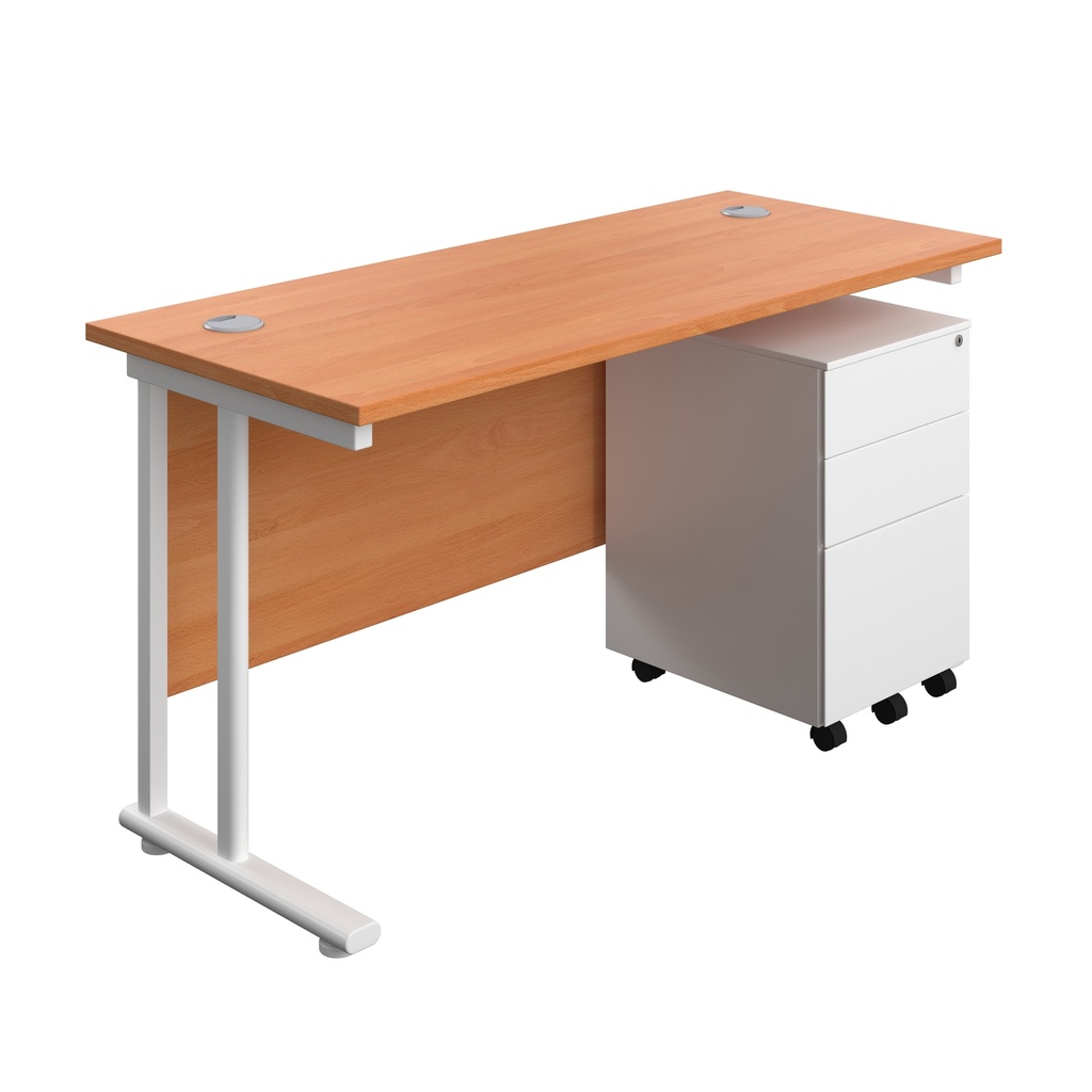 Twin Upright Rectangular Desk + Under Desk Steel Pedestal 3 Drawers (FSC) | 1400X600 | Beech/White | 
